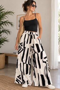 Wide-Leg Pants – Unique Print Draped Style - Size Large